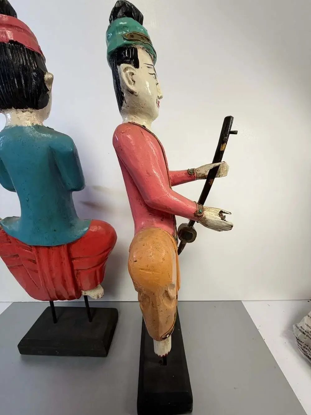 Set of Two Vintage Carved Wood Thai Musicians Sculptures on Stand